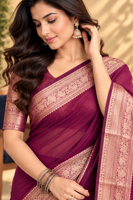 Wine Banarasi Woven Gold Zari Design Pure Soft Georgette Fabric Lightweight Saree Unstitche 2