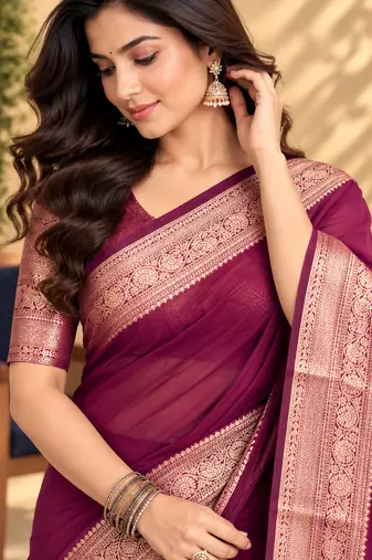Wine Banarasi Woven Gold Zari Design Pure Soft Georgette Fabric Lightweight Saree Unstitche