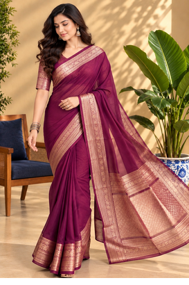 Wine Banarasi Woven Gold Zari Design Pure Soft Georgette Fabric Lightweight Saree Unstitche 3