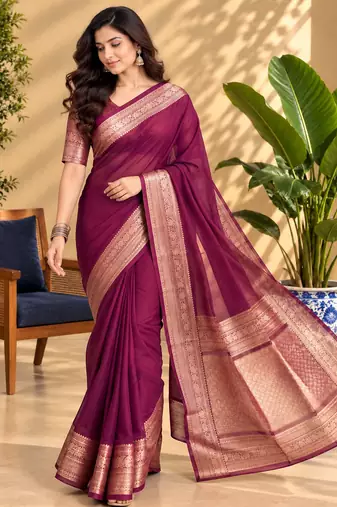 Wine Banarasi Woven Gold Zari Design Pure Soft Georgette Fabric Lightweight Saree Unstitche