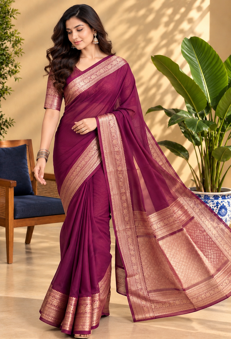 Wine Banarasi Woven Gold Zari Design Pure Soft Georgette Fabric Lightweight Saree Unstitche