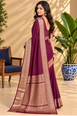 Wine Banarasi Woven Gold Zari Design Pure Soft Georgette Fabric Lightweight Saree Unstitche 4