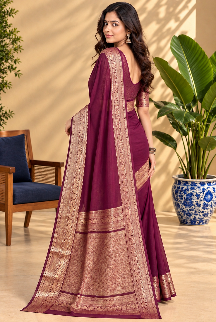 Wine Banarasi Woven Gold Zari Design Pure Soft Georgette Fabric Lightweight Saree Unstitche