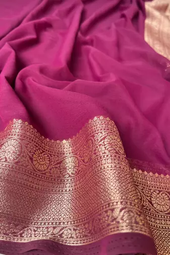 Wine Banarasi Woven Gold Zari Design Pure Soft Georgette Fabric Lightweight Saree Unstitche