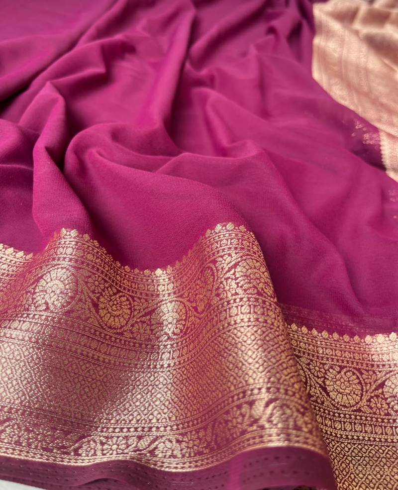Wine Banarasi Woven Gold Zari Design Pure Soft Georgette Fabric Lightweight Saree Unstitche