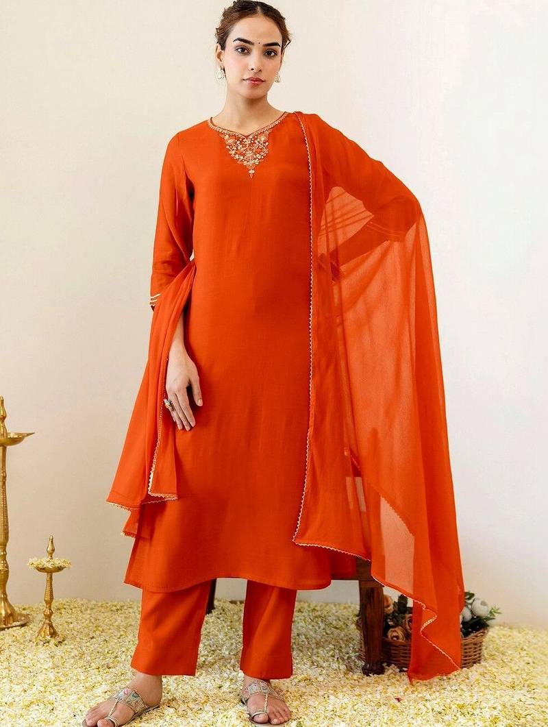 Women Ethnic Motifs Embroidered Regular Thread Work Kurta with Trousers & With Dupatta