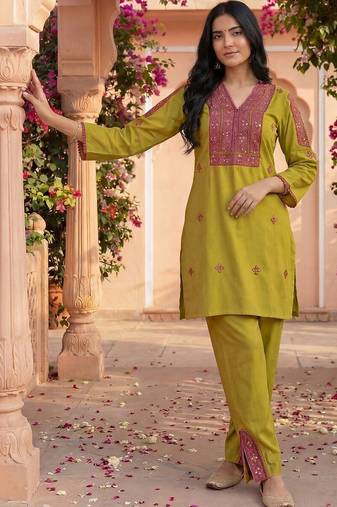 Embroidery Lace Mustard Yellow Rayon Co Ords for Women