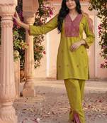 Embroidery Lace Mustard Yellow Rayon Co Ords for Women
