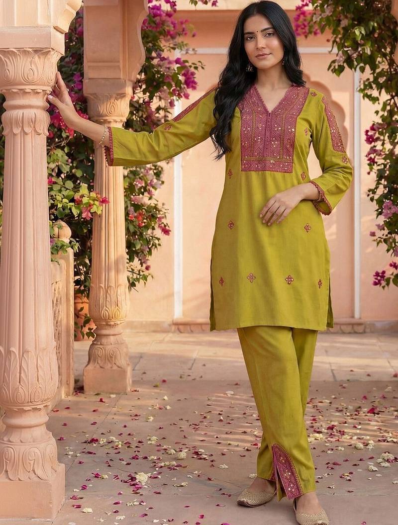 Embroidery Lace Mustard Yellow Rayon Co Ords for Women
