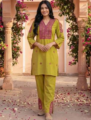 Embroidery Lace Mustard Yellow Rayon Co Ords for Women 2
