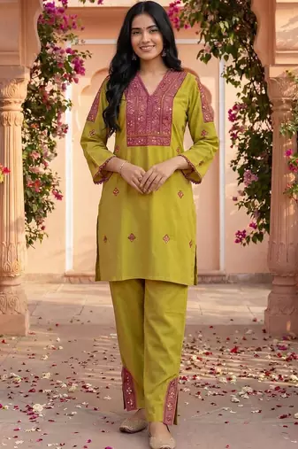 Embroidery Lace Mustard Yellow Rayon Co Ords for Women