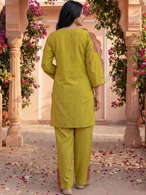 Embroidery Lace Mustard Yellow Rayon Co Ords for Women 3