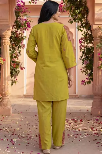 Embroidery Lace Mustard Yellow Rayon Co Ords for Women