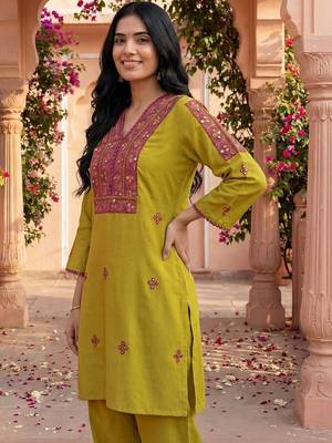 Embroidery Lace Mustard Yellow Rayon Co Ords for Women 4