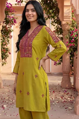 Embroidery Lace Mustard Yellow Rayon Co Ords for Women