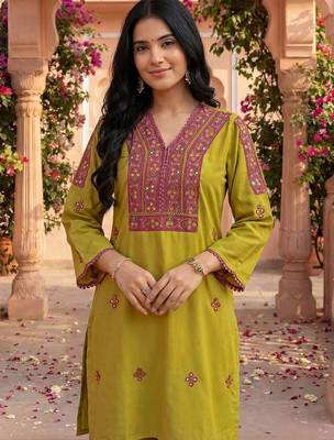 Embroidery Lace Mustard Yellow Rayon Co Ords for Women 5
