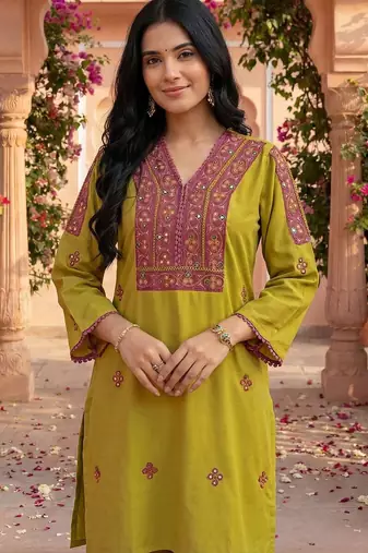 Embroidery Lace Mustard Yellow Rayon Co Ords for Women