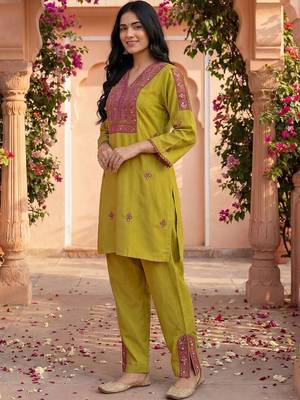 Embroidery Lace Mustard Yellow Rayon Co Ords for Women 6