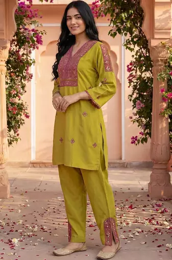 Embroidery Lace Mustard Yellow Rayon Co Ords for Women