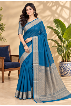 Rama Blue Banarasi Woven Gold Zari Design Pure Soft Georgette Fabric Lightweight Saree Unstitche 1