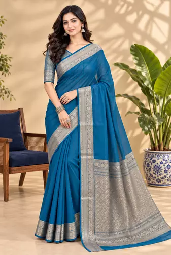 Rama Blue Banarasi Woven Gold Zari Design Pure Soft Georgette Fabric Lightweight Saree Unstitche