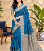 Rama Blue Banarasi Woven Gold Zari Design Pure Soft Georgette Fabric Lightweight Saree Unstitche