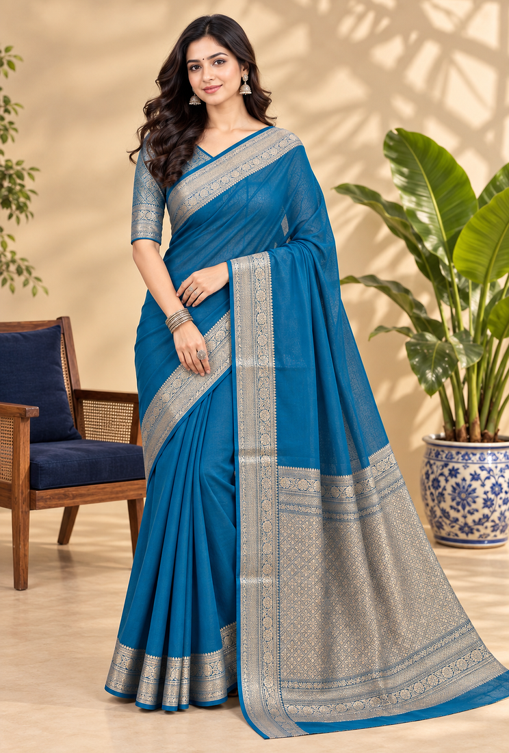 Rama Blue Banarasi Woven Gold Zari Design Pure Soft Georgette Fabric Lightweight Saree Unstitche
