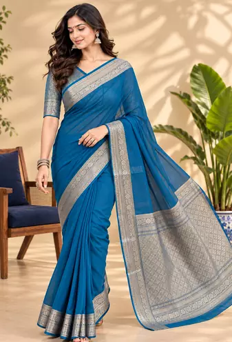 Rama Blue Banarasi Woven Gold Zari Design Pure Soft Georgette Fabric Lightweight Saree Unstitche