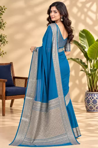 Rama Blue Banarasi Woven Gold Zari Design Pure Soft Georgette Fabric Lightweight Saree Unstitche