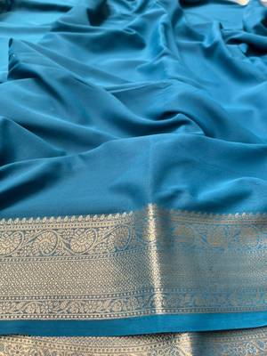 Rama Blue Banarasi Woven Gold Zari Design Pure Soft Georgette Fabric Lightweight Saree Unstitche 5