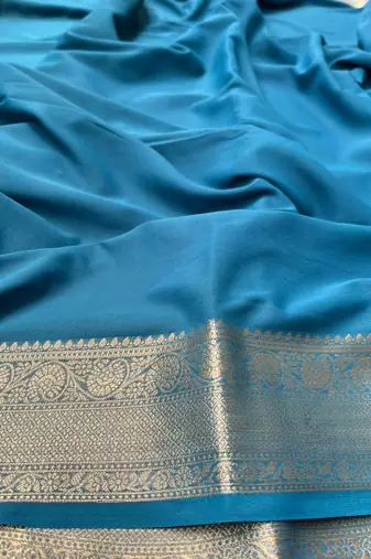 Rama Blue Banarasi Woven Gold Zari Design Pure Soft Georgette Fabric Lightweight Saree Unstitche