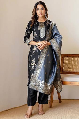 Floral Woven Design Straight Kurta With Trousers & Dupatta