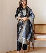 Floral Woven Design Straight Kurta With Trousers & Dupatta