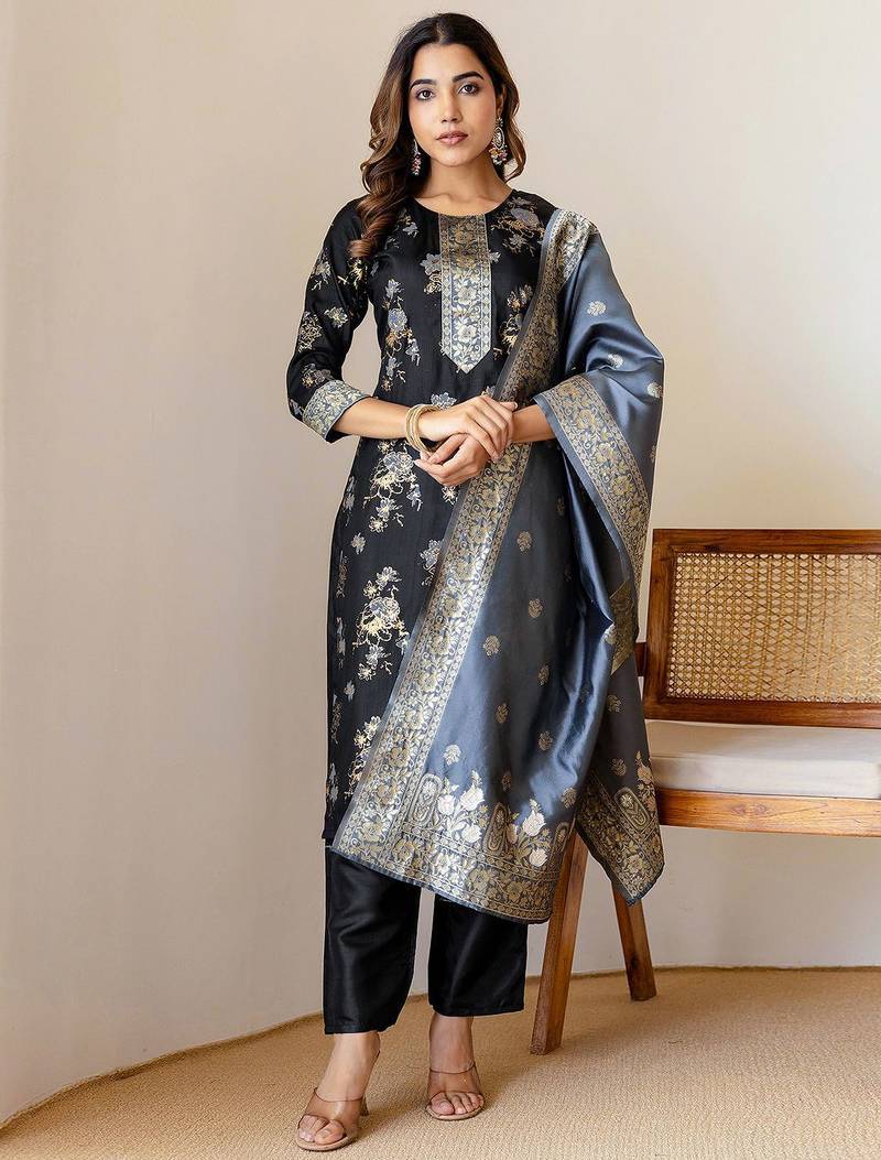 Floral Woven Design Straight Kurta With Trousers & Dupatta