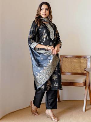 Floral Woven Design Straight Kurta With Trousers & Dupatta 4