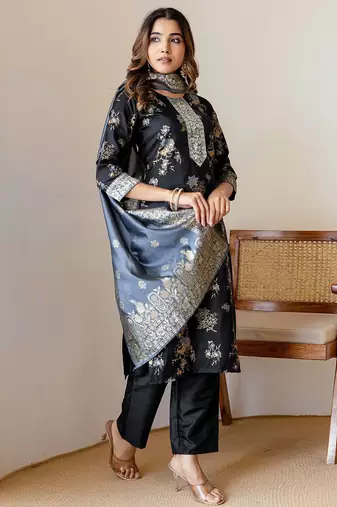 Floral Woven Design Straight Kurta With Trousers & Dupatta