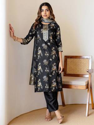 Floral Woven Design Straight Kurta With Trousers & Dupatta 5