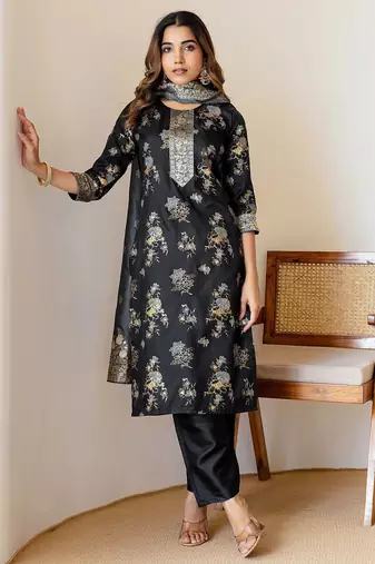 Floral Woven Design Straight Kurta With Trousers & Dupatta