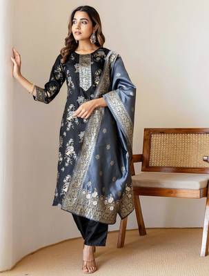 Floral Woven Design Straight Kurta With Trousers & Dupatta 6