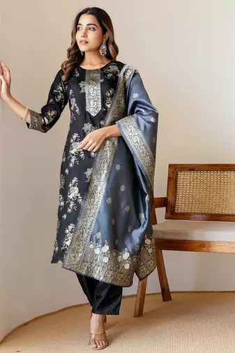 Floral Woven Design Straight Kurta With Trousers & Dupatta