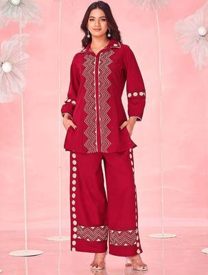 Embroidered Dark Red Cotton Blend Co Ords for Women 1