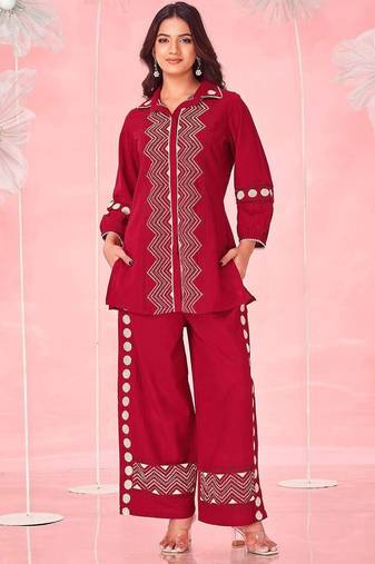 Embroidered Dark Red Cotton Blend Co Ords for Women