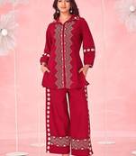 Embroidered Dark Red Cotton Blend Co Ords for Women