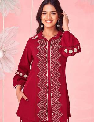 Embroidered Dark Red Cotton Blend Co Ords for Women 2