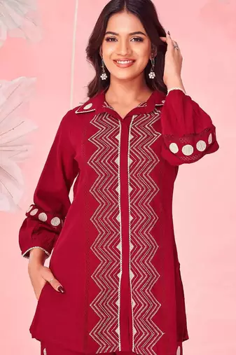 Embroidered Dark Red Cotton Blend Co Ords for Women