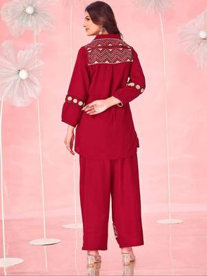 Embroidered Dark Red Cotton Blend Co Ords for Women 3