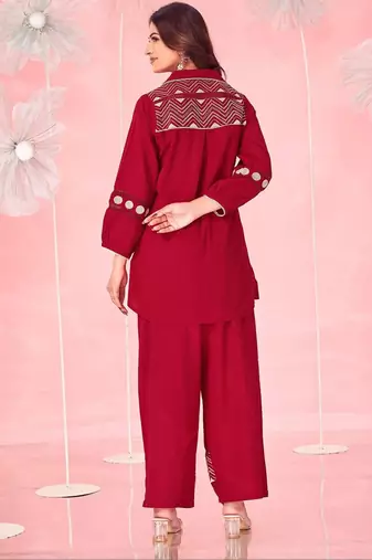 Embroidered Dark Red Cotton Blend Co Ords for Women