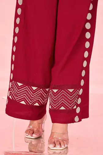 Embroidered Dark Red Cotton Blend Co Ords for Women