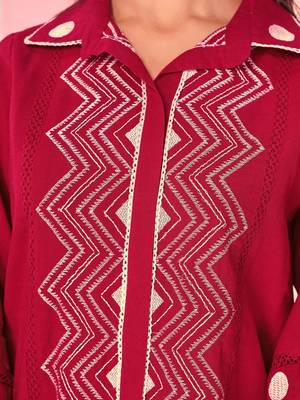 Embroidered Dark Red Cotton Blend Co Ords for Women 5