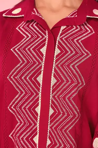 Embroidered Dark Red Cotton Blend Co Ords for Women
